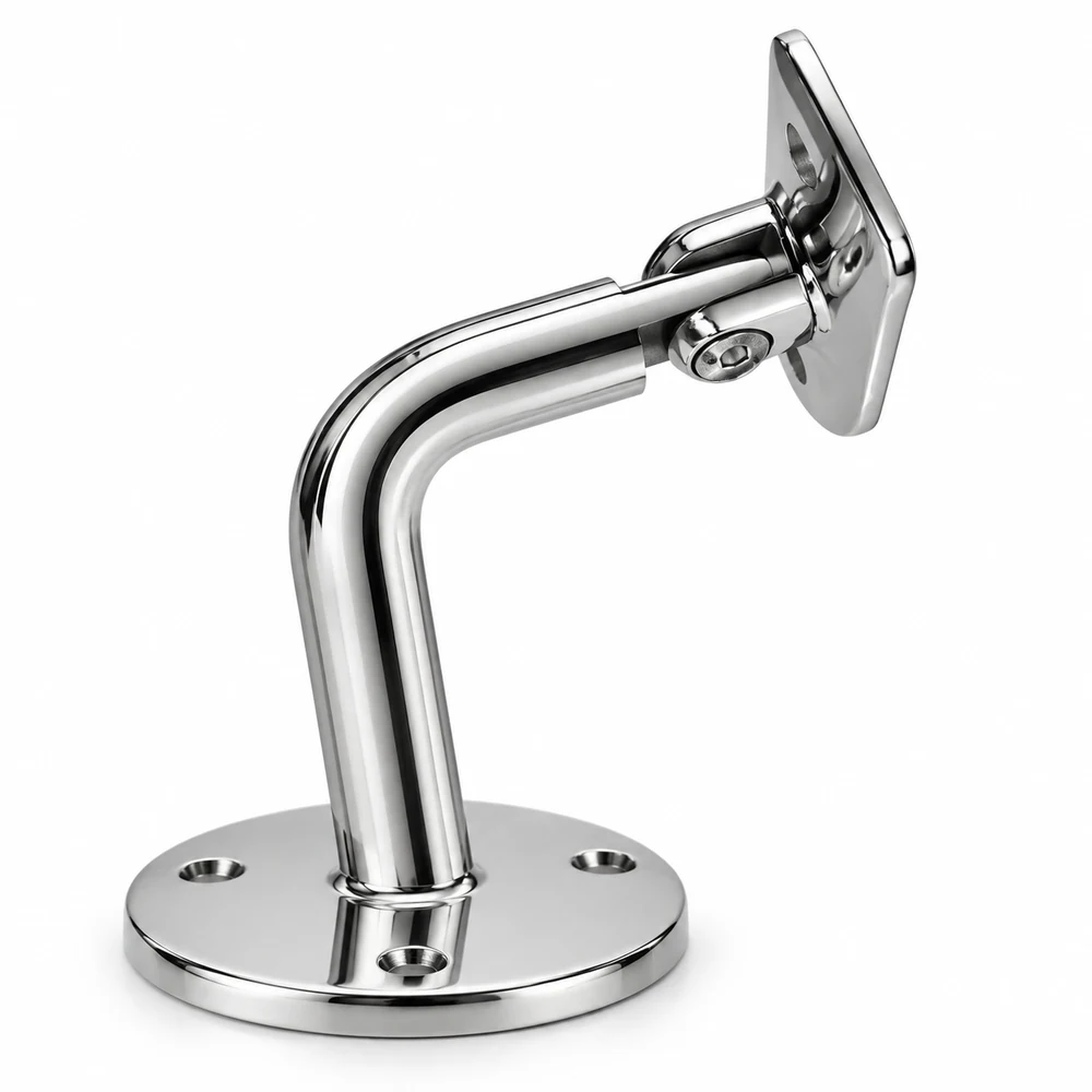 Curved handrail bracket on a white background