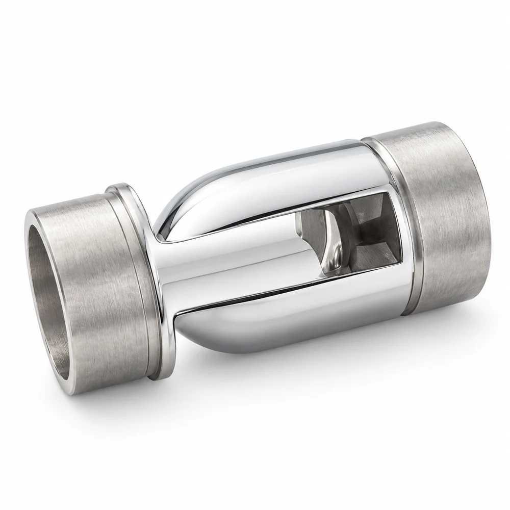 Slotted cylindrical fitting on a white background